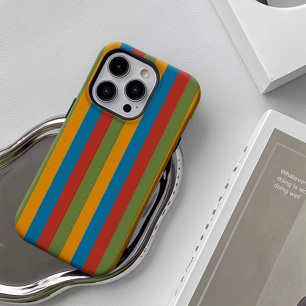 Rainbow Striped Pattern Retro Phone Case for Magnetic Phone Case for IPhone 17 16 15 14 13 Pro Max Plus Single Double-layer Case