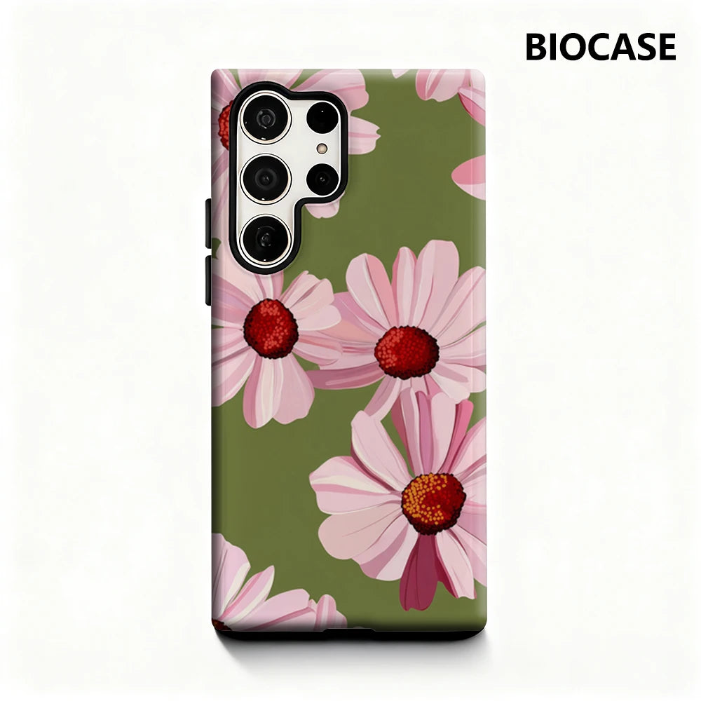 Pink Flowers on Green Phone Case for Samsung Galaxy S25 Ultra S24 S23 Ultra Plus Glossy Double-layer Back Cover Main image
