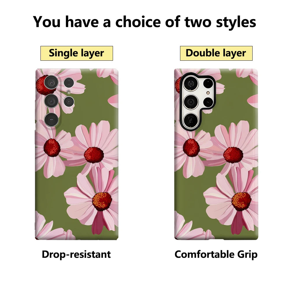 Pink Flowers on Green Phone Case for Samsung Galaxy S25 Ultra S24 S23 Ultra Plus Glossy Double-layer Back Cover Secondary image