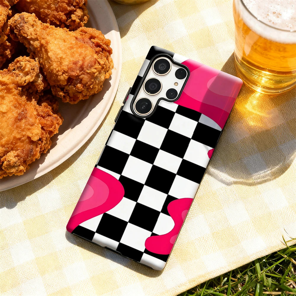Pink - Black Checker Phone Case for Samsung Galaxy S25 Ultra S24 S23 Ultra Plus Glossy Double-layer Back Cover