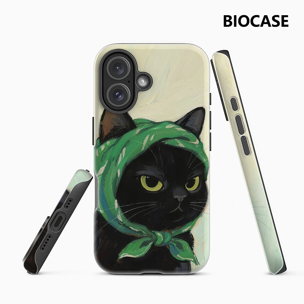 Black Cat with Green Headscarf IPhone17 Must-Haves Phone Case for IPhone 17 16 15 14 13 12 Pro Max Plus Double-layer Back Cover Main image