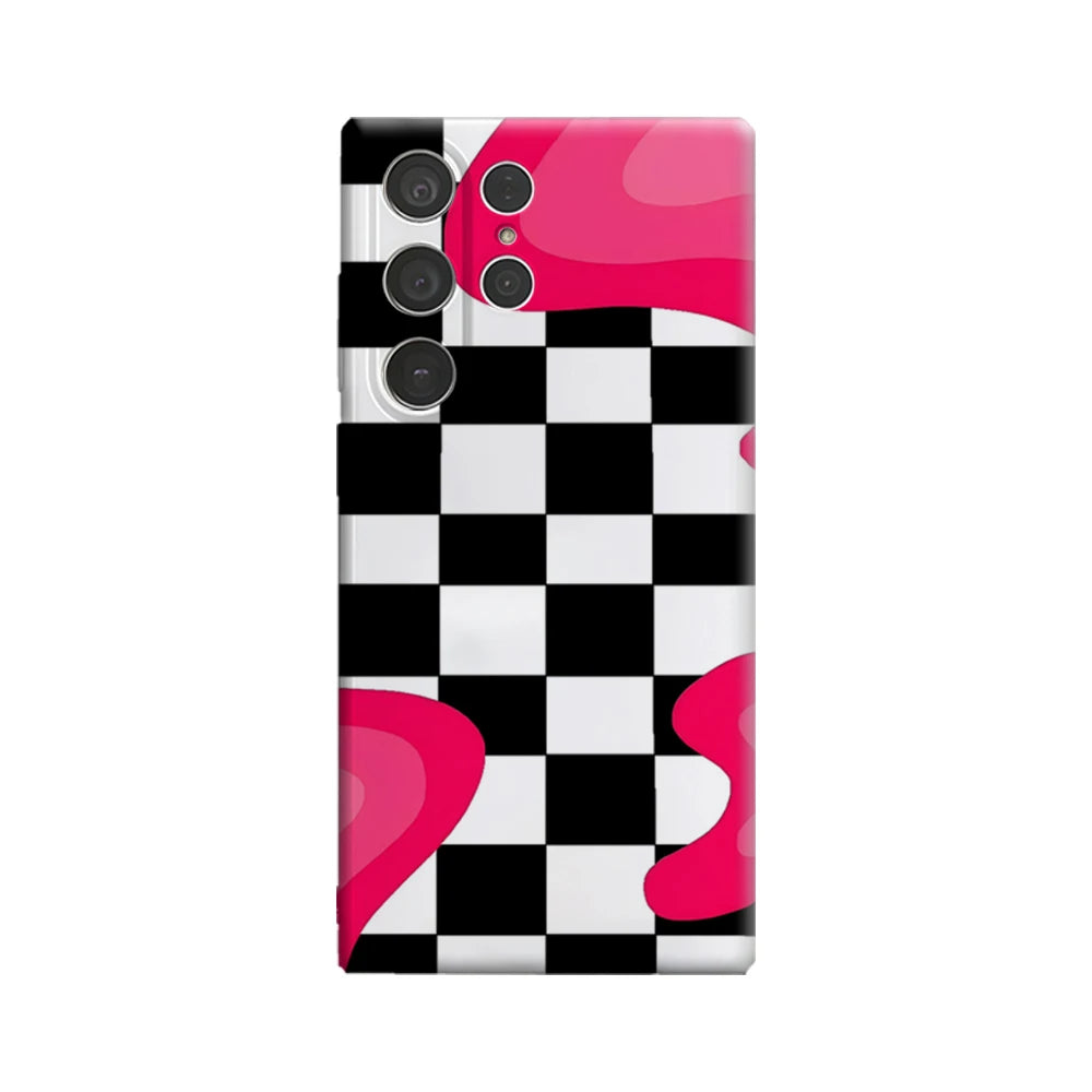 Pink - Black Checker Phone Case for Samsung Galaxy S25 Ultra S24 S23 Ultra Plus Glossy Double-layer Back Cover