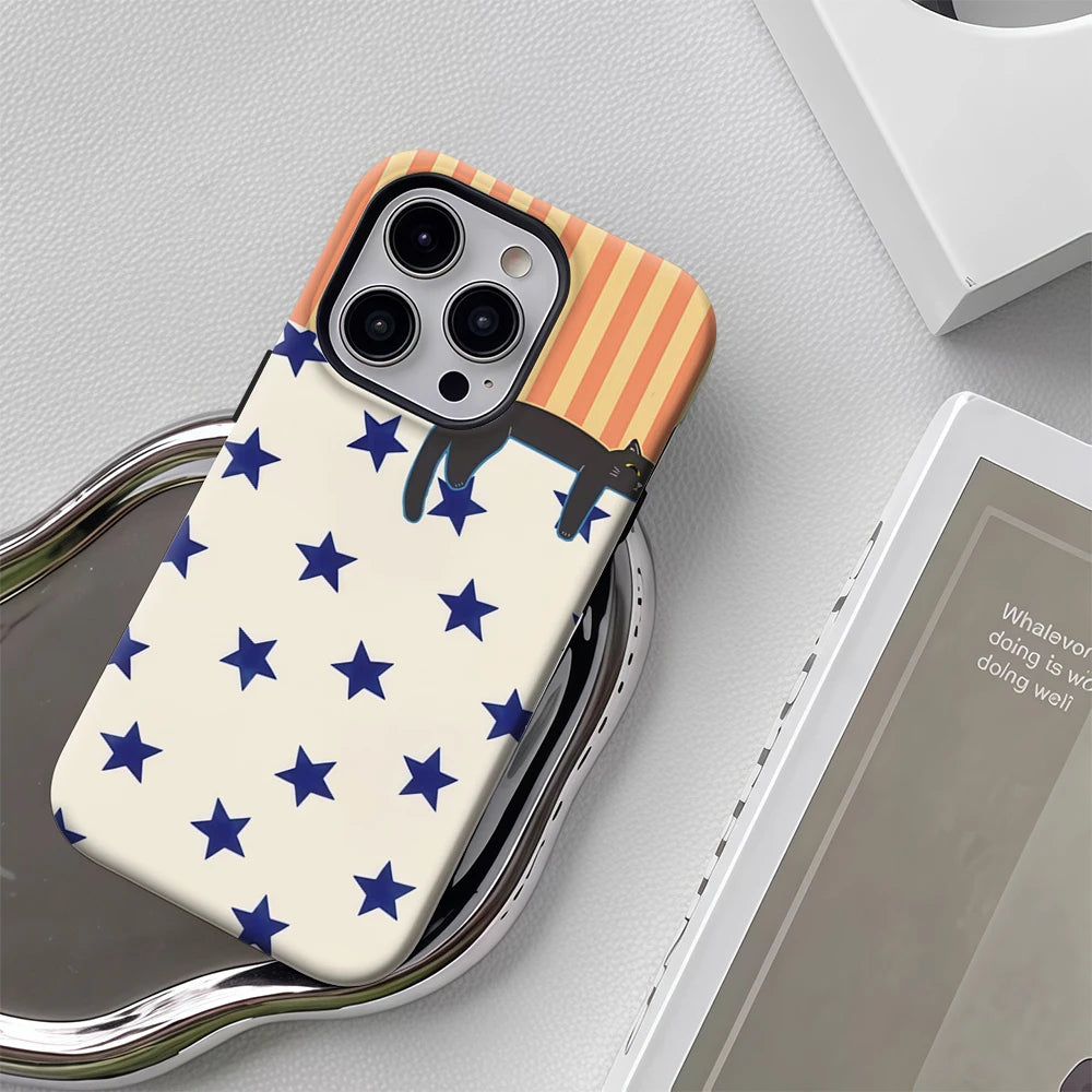 Black Cat with Stars Stripes IPhone17 Must-Haves Phone Case for IPhone 17 16 15 14 13 12 Pro Max Plus Double-layer Back Cover