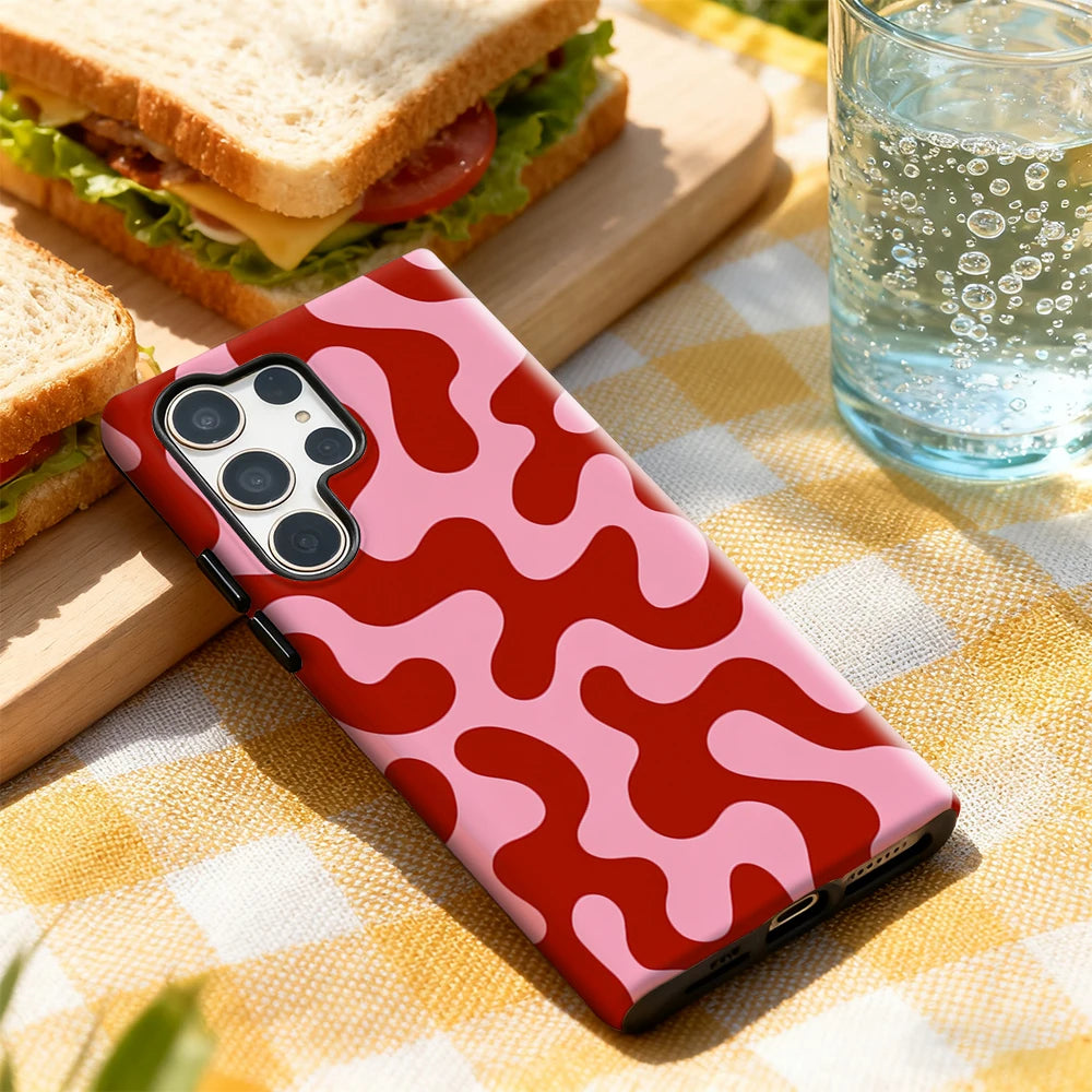 Artistic Red & Pink Fluid Pattern Phone Case for Samsung Galaxy S25 Ultra S24 S23 Ultra Plus Glossy Double-layer Back Cover