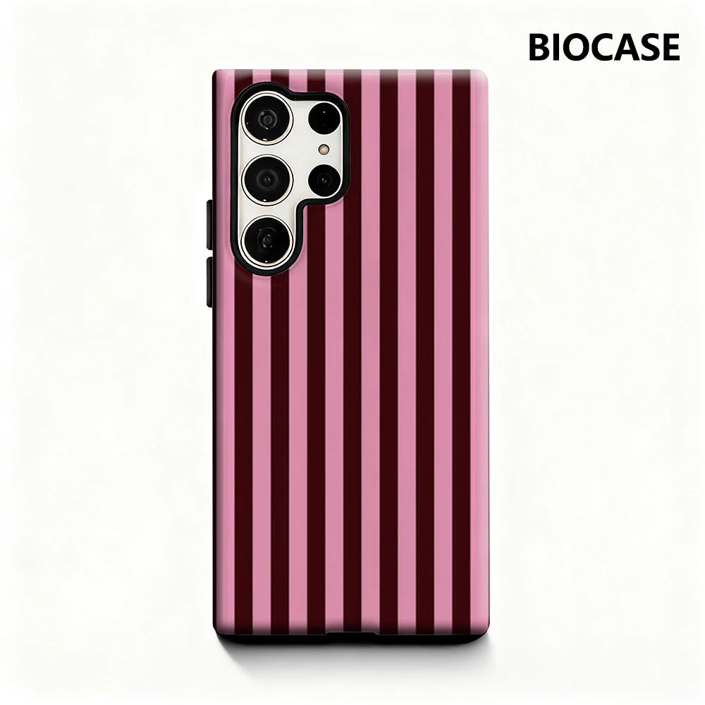 Pink & Burgundy Vertical Stripes Phone Case for Samsung Galaxy S25 Ultra S24 S23 Ultra Plus Glossy Double-layer Back Cover Main image