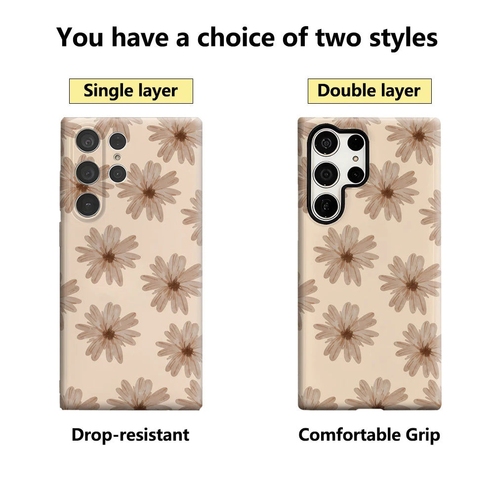 Warm Brown Flowers Phone Case for Samsung Galaxy S25 Ultra S24 S23 Ultra Plus Glossy Double-layer Back Cover Secondary image