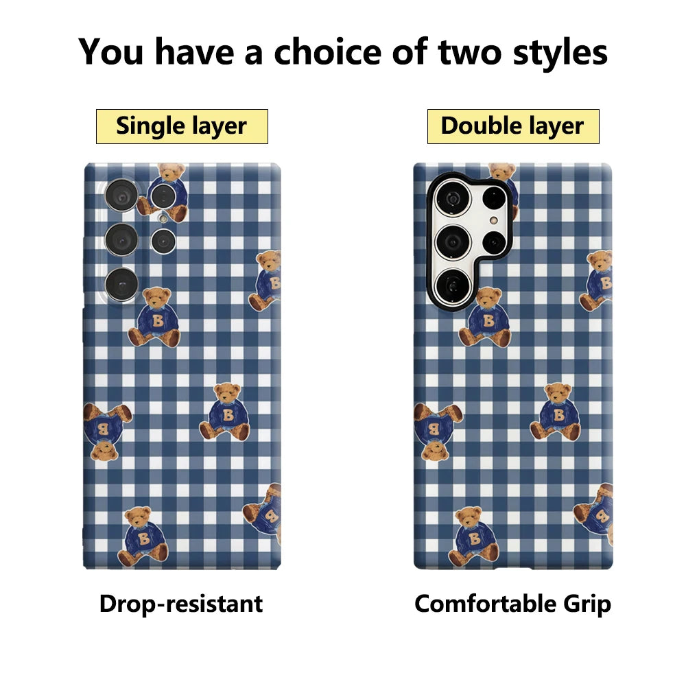 Plaid Teddy Charm Phone Case for Samsung Galaxy S25 Ultra S24 S23 Ultra Plus Glossy Double-layer Back Cover Secondary image