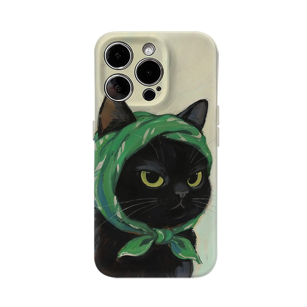 Black Cat with Green Headscarf IPhone17 Must-Haves Phone Case for IPhone 17 16 15 14 13 12 Pro Max Plus Double-layer Back Cover