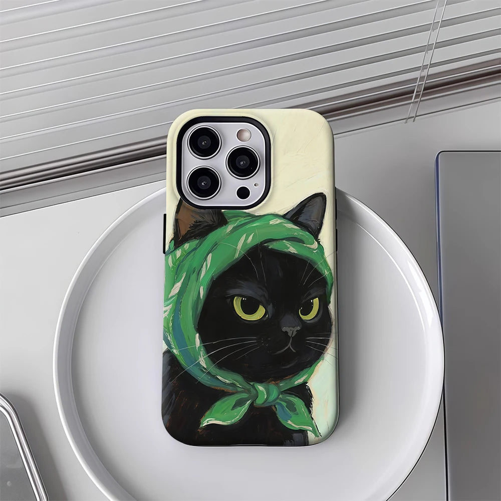 Black Cat with Green Headscarf IPhone17 Must-Haves Phone Case for IPhone 17 16 15 14 13 12 Pro Max Plus Double-layer Back Cover