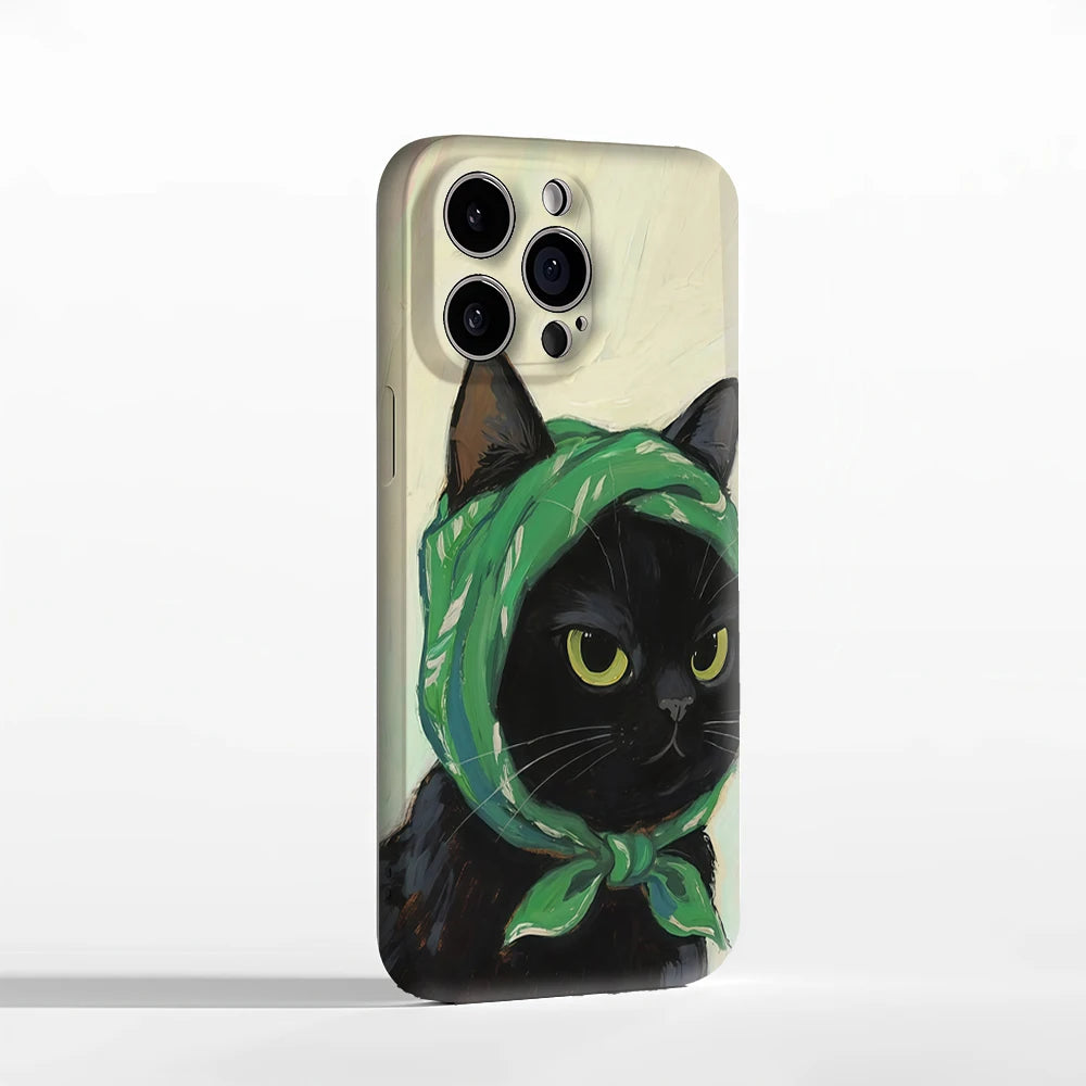 Black Cat with Green Headscarf IPhone17 Must-Haves Phone Case for IPhone 17 16 15 14 13 12 Pro Max Plus Double-layer Back Cover