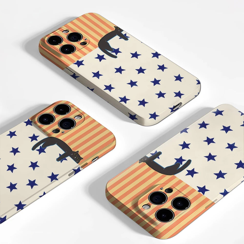 Black Cat with Stars Stripes IPhone17 Must-Haves Phone Case for IPhone 17 16 15 14 13 12 Pro Max Plus Double-layer Back Cover