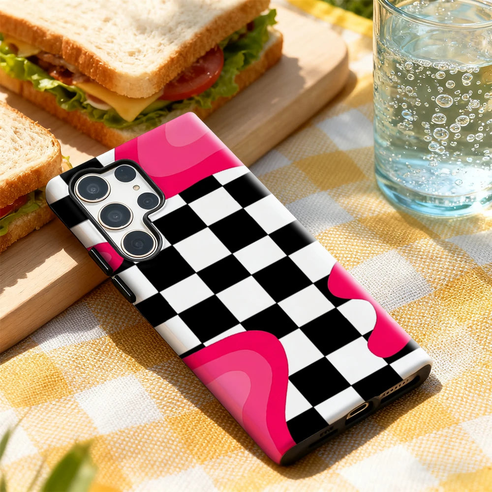 Pink - Black Checker Phone Case for Samsung Galaxy S25 Ultra S24 S23 Ultra Plus Glossy Double-layer Back Cover