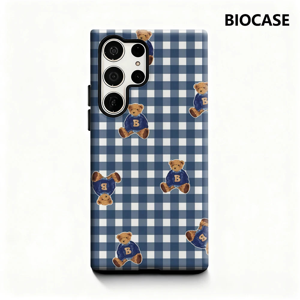 Plaid Teddy Charm Phone Case for Samsung Galaxy S25 Ultra S24 S23 Ultra Plus Glossy Double-layer Back Cover