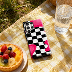 Pink - Black Checker Phone Case for Samsung Galaxy S25 Ultra S24 S23 Ultra Plus Glossy Double-layer Back Cover