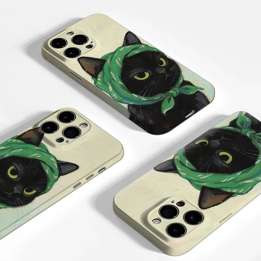 Black Cat with Green Headscarf IPhone17 Must-Haves Phone Case for IPhone 17 16 15 14 13 12 Pro Max Plus Double-layer Back Cover