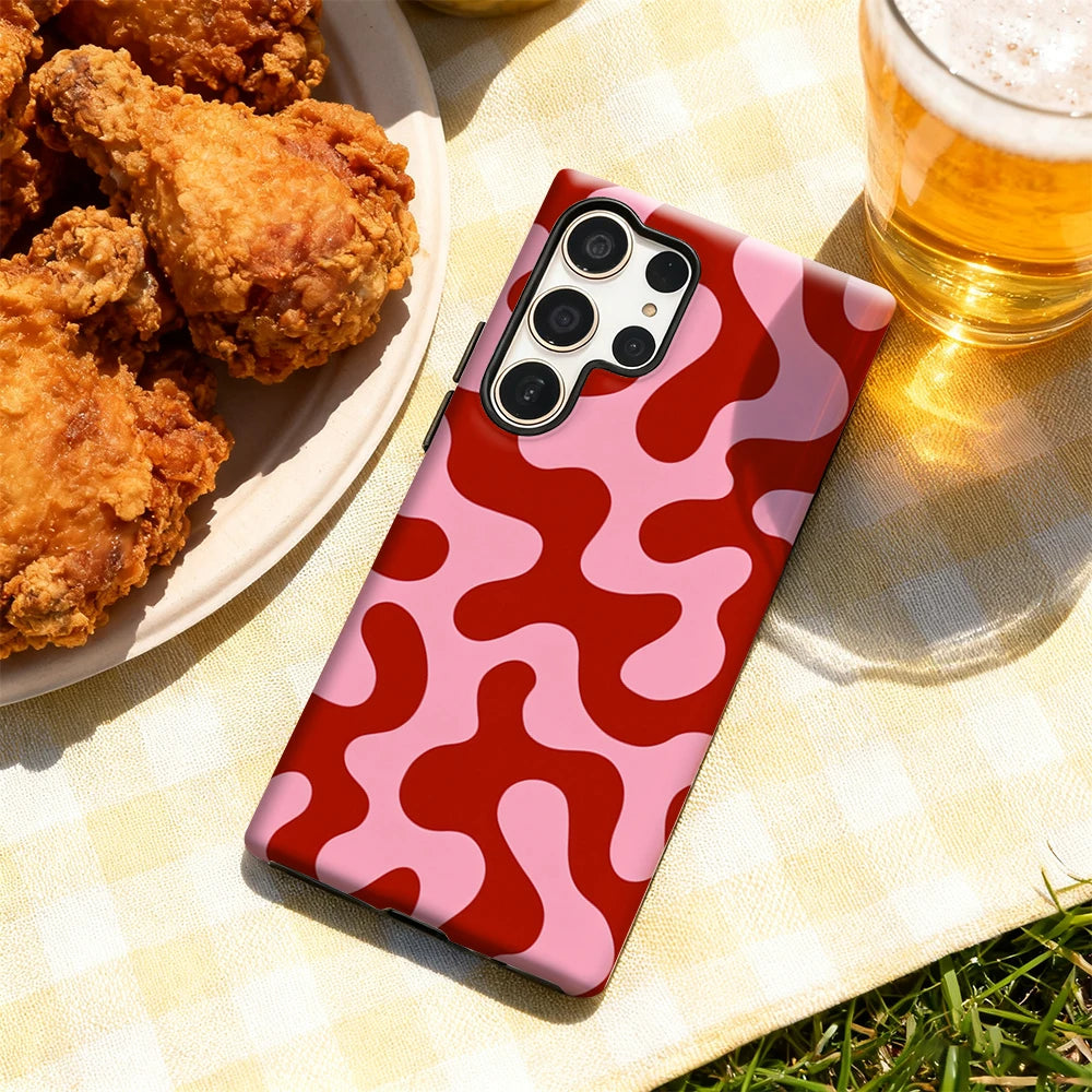 Artistic Red & Pink Fluid Pattern Phone Case for Samsung Galaxy S25 Ultra S24 S23 Ultra Plus Glossy Double-layer Back Cover