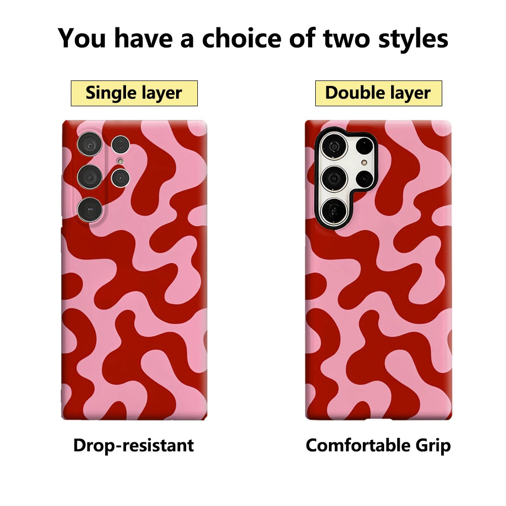 Artistic Red & Pink Fluid Pattern Phone Case for Samsung Galaxy S25 Ultra S24 S23 Ultra Plus Glossy Double-layer Back Cover