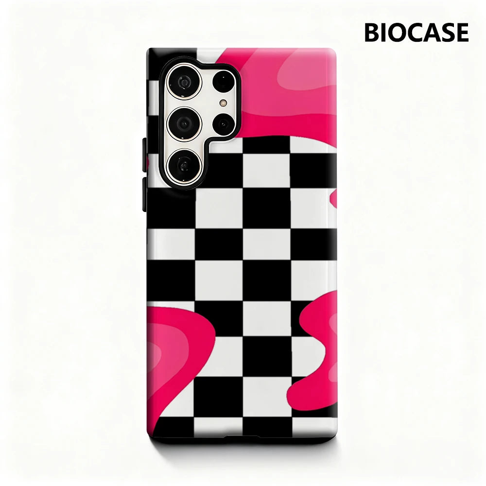 Pink - Black Checker Phone Case for Samsung Galaxy S25 Ultra S24 S23 Ultra Plus Glossy Double-layer Back Cover Main image