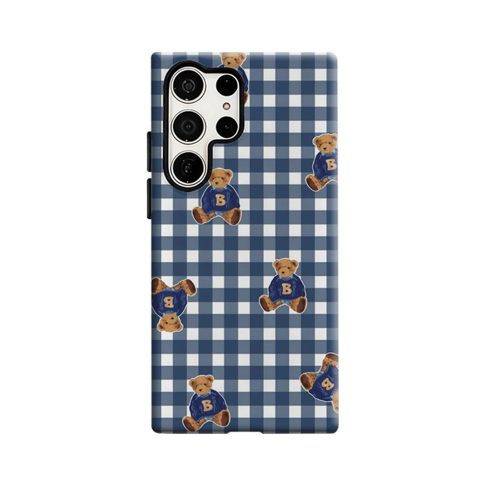 Plaid Teddy Charm Phone Case for Samsung Galaxy S25 Ultra S24 S23 Ultra Plus Glossy Double-layer Back Cover